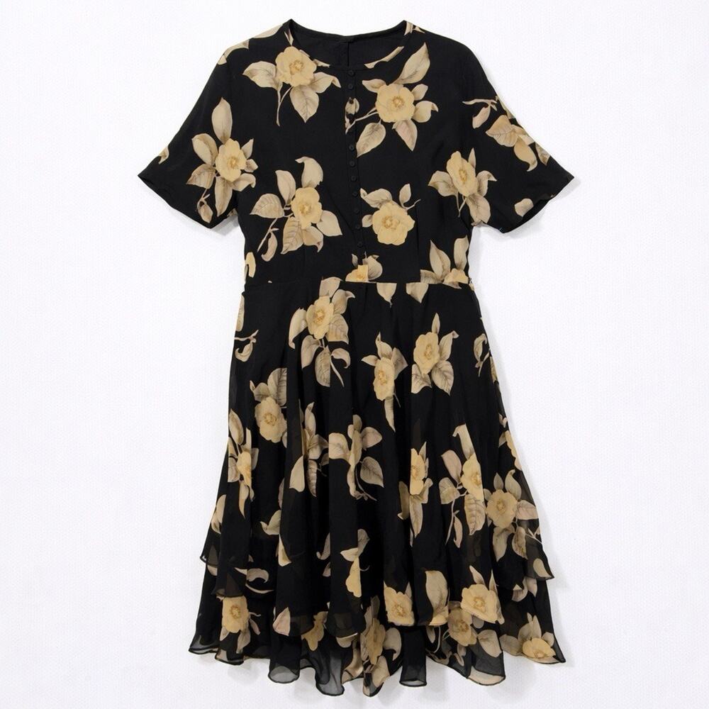 Dana Buchman Vintage Silk Floral Black Midi Dress Sz 10 Layer Romantic Fit Flare